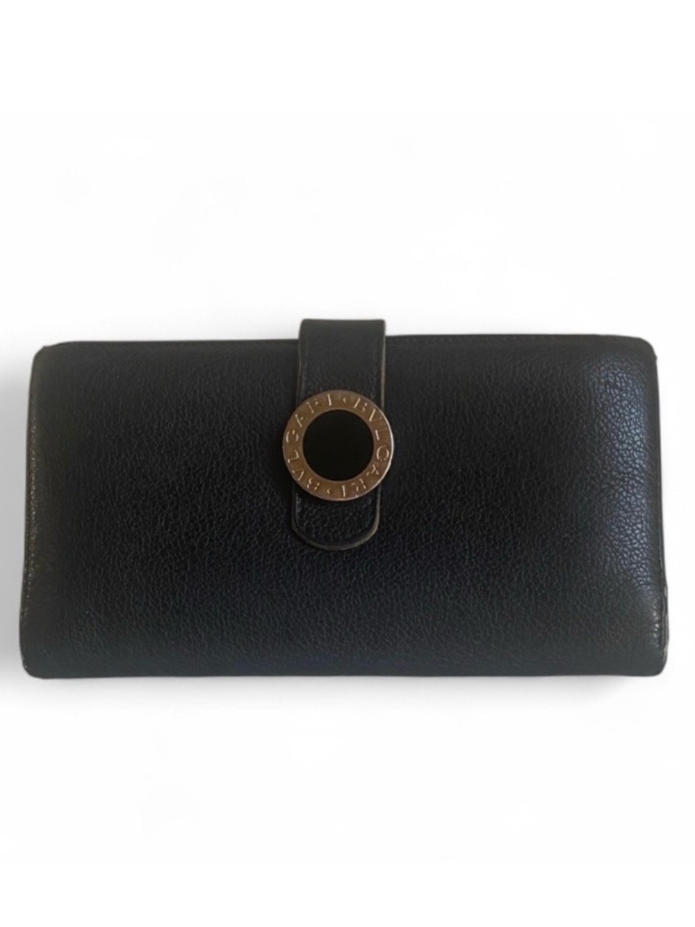 Bvlgari Black Leather Long Wallet Red Signature Silver Ring Unisex Luxury